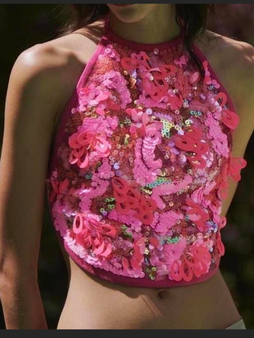 NWT Zara Hot Pink Sequin Halter Crop Top Limited Edition Women's Medium / Large - Picture 2 of 12